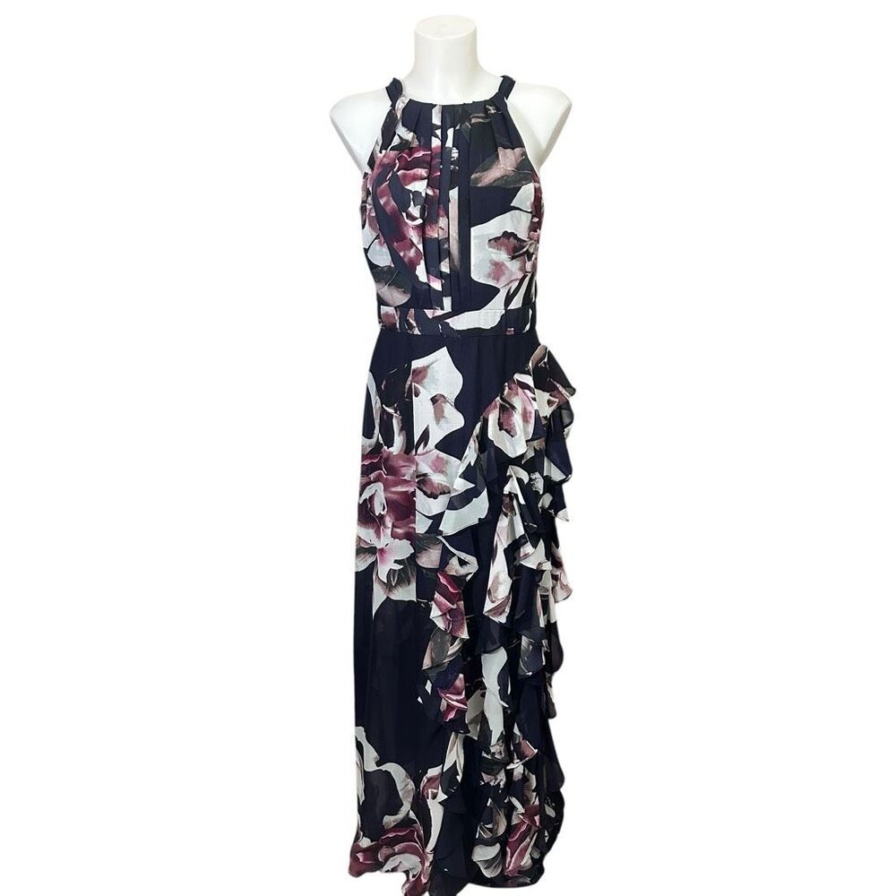Betsy & Adam Pleated Tie Ruffled Floral Sleeveless Halter Maxi Dress sz 8